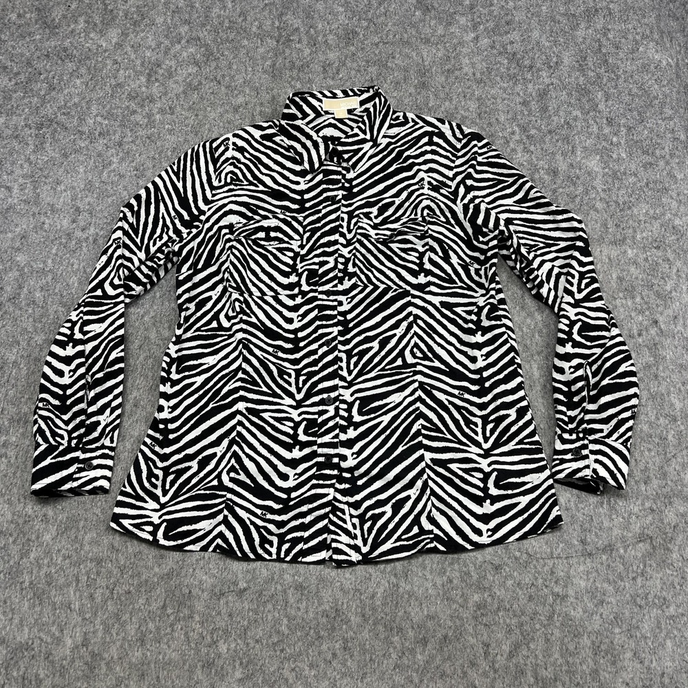 MICHAEL Michael Kors Shirt Womens 14 Black Zebra Animal Print Button Front Prep